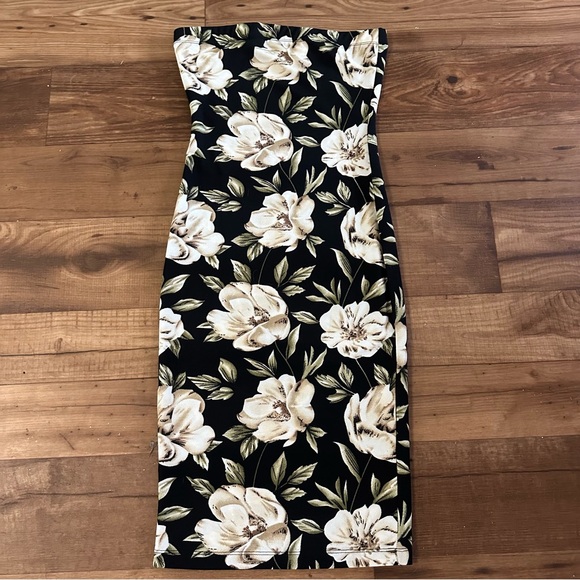 Dresses & Skirts - Black Floral Strapless Midi Dress Cream Flower Print Bodycon Tube Dress